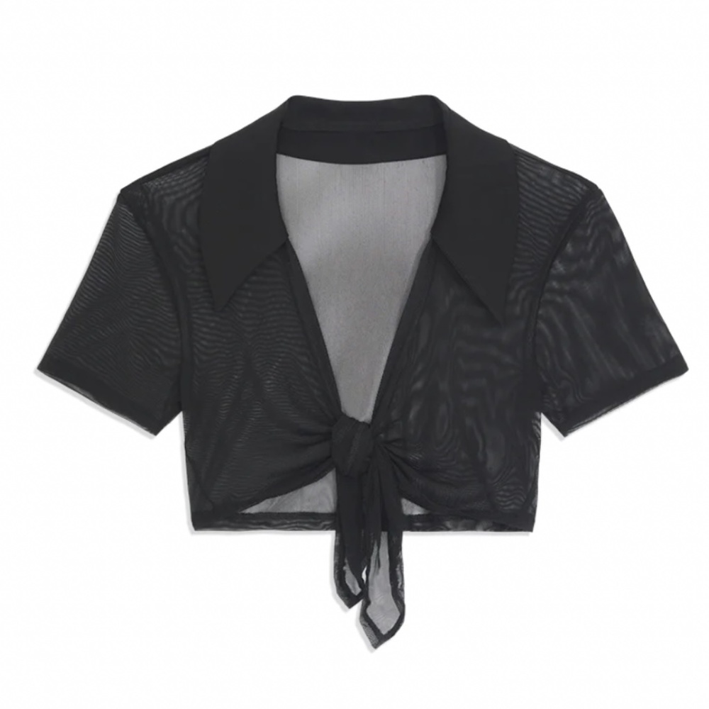 WeWoreWhat Power Mesh Tie-Front Top, Black - Medium NWT